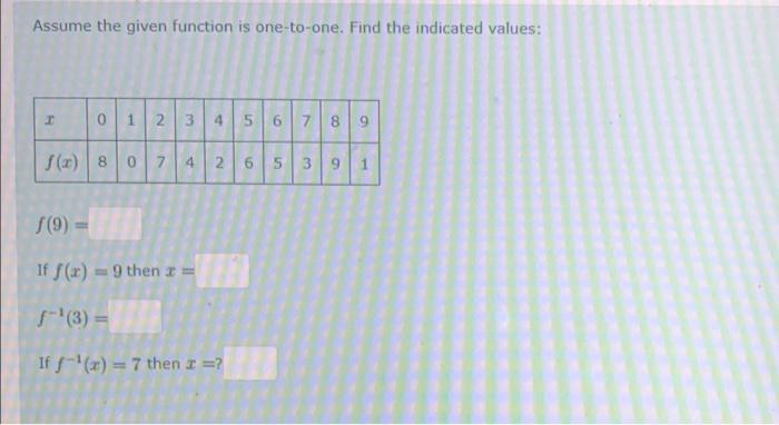 Assume The Given Function Is One To One Find The Indicated Values F 9 If F X 9 Then X F 1 3 If F 1 X 7 Then X 1