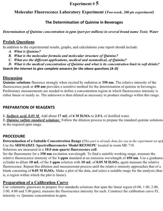 Experiment 5 Molecular Fluorescence Laboratory Experiment Two Week 200 Pts Experiment The Determination Of Quinine I 1