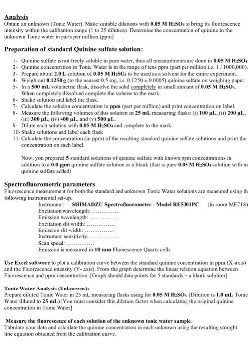 Experiment 5 Molecular Fluorescence Laboratory Experiment Two Week 200 Pts Experiment The Determination Of Quinine I 2