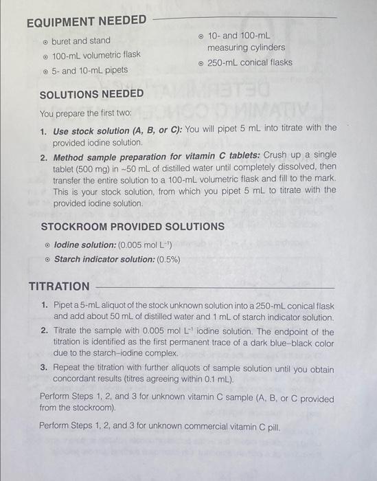 Equipment Needed O Buret And Stand 100 Ml Volumetric Flask 5 And 10 Ml Pipets 10 And 100 Ml Measuring Cylinders 25 1
