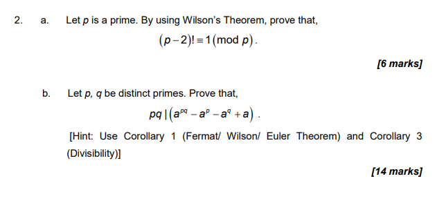 A Let P Is A Prime By Using Wilson S Theorem Prove That P 2 1 Modp 6 Marks B Let P Q Be Distinct Primes Pro 1