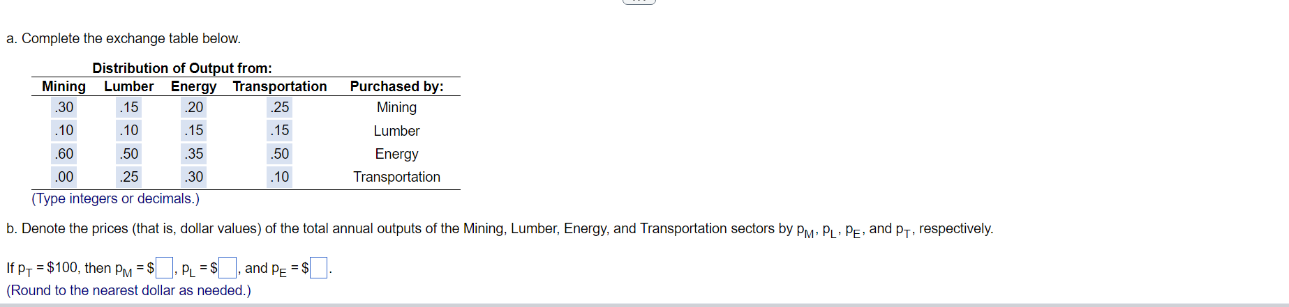Suppose An Economy Has Four Sectors Mining Lumber Energy And Transportation Mining Sells10 Of Its Output To Lum 1
