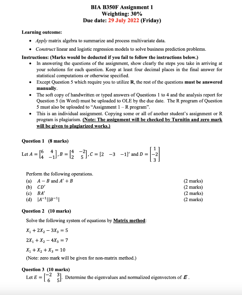 Learning Outcome Apply Matrix Algebra To Summarize And Process Multivariate Data Construct Linear And Logistic Reg 1