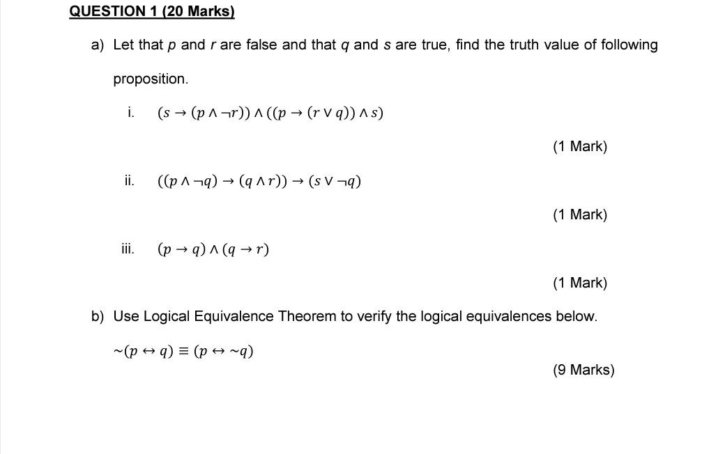 A Let That P And R Are False And That Q And S Are True Find The Truth Value Of Following Proposition I S P R 1