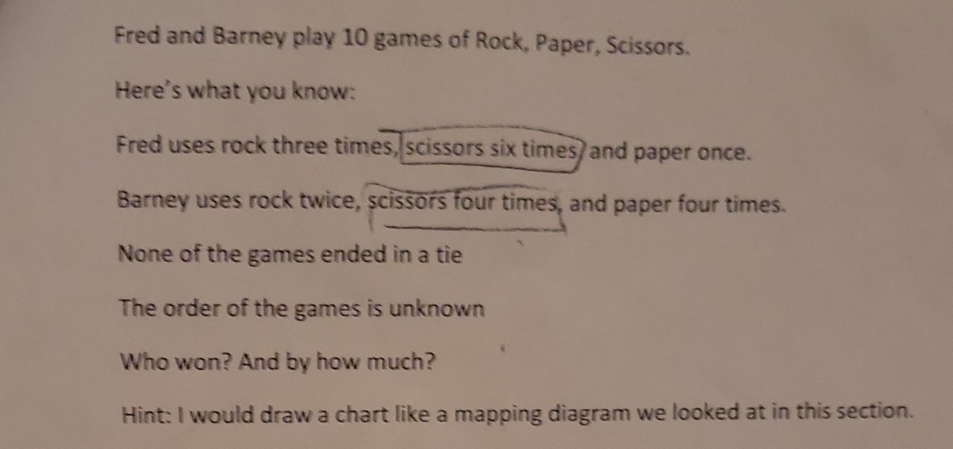 Fred And Barney Play 10 Games Of Rock Paper Scissors Here S What You Know Fred Uses Rock Three Times Scissors Six T 1