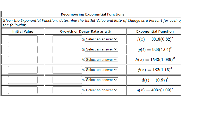 Given The Exponential Function Determine The Initial Value And Rate Of Change As A Percent For Each The Follnwino 1