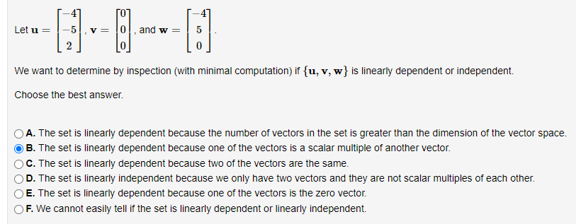 Let U 4 52 V 000 And W 450 We Want To Determine By Inspection With Minimal Computation If U V 1
