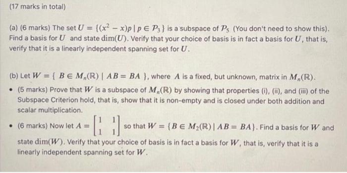 A 6 Marks The Set U X2 X P P P3 Is A Subspace Of P5 You Don T Need To Show This Find A Basis For U And State 1