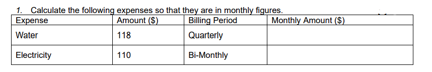 1 Calculate The Following Expenses So That They Are In Monthly Figures Begin Tabular L L L L Hline Expense Amo 1
