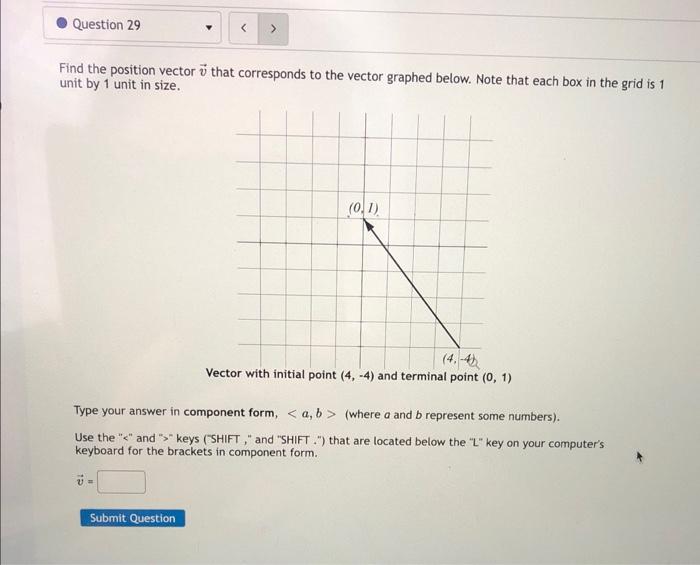 Find The Position Vector V That Corresponds To The Vector Graphed Below Note That Each Box In The Grid Is 1 Unit By 1 U 1