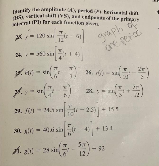 Identify The Amplitude A Period P Horizontal Shift Hs Vertical Shift Vs And Endpoints Of The Primary Interva 1
