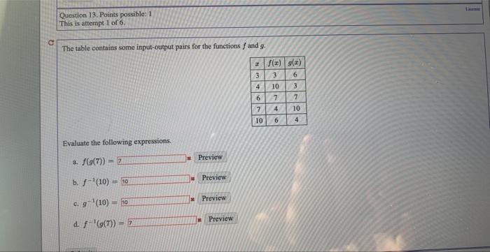 The Table Contains Some Input Output Pairs For The Functions F And G Evaluate The Following Expressions A F G 7 B 1
