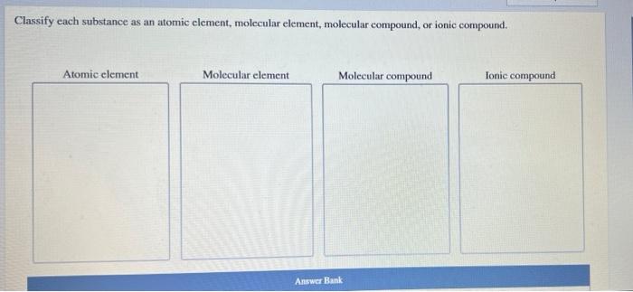 Classify Each Substance As An Atomic Element Molecular Element Molecular Compound Or Ionic Compound Atomic Element M 1