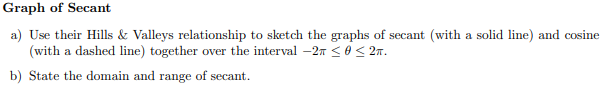 Graph Of Secant A Use Their Hills Valleys Relationship To Sketch The Graphs Of Secant With A Solid Line And Cosine 1