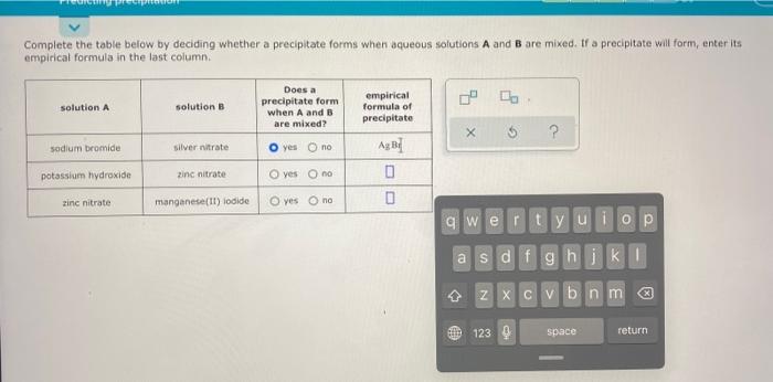 Complete The Table Below By Deciding Whether A Precipitate Forms When Aqueous Solutions A And B Are Mixed If A Precipit 1