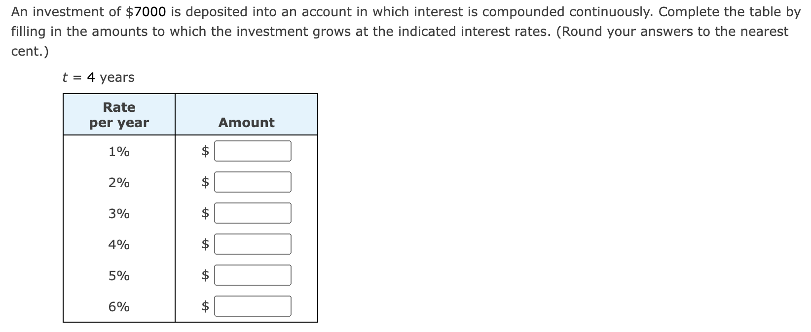 An Investment Of 7000 Is Deposited Into An Account In Which Interest Is Compounded Continuously Complete The Table By 1