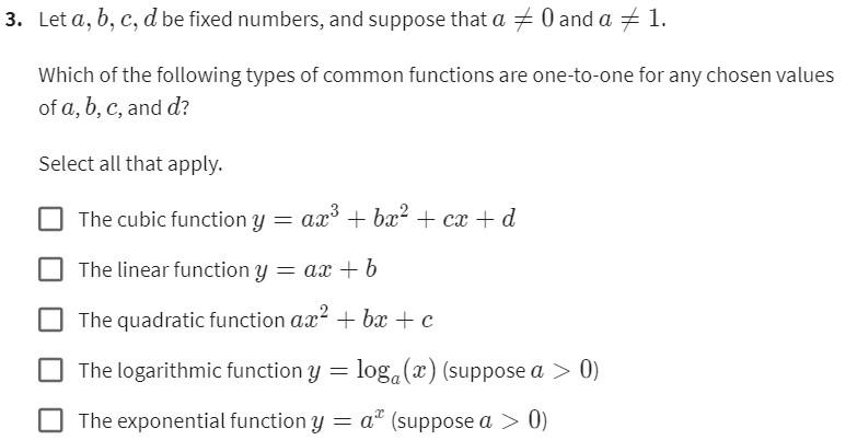 3 Let A B C D Be Fixed Numbers And Suppose That A 0 And A 1 Which Of The Following Types Of Common Functions Are On 1
