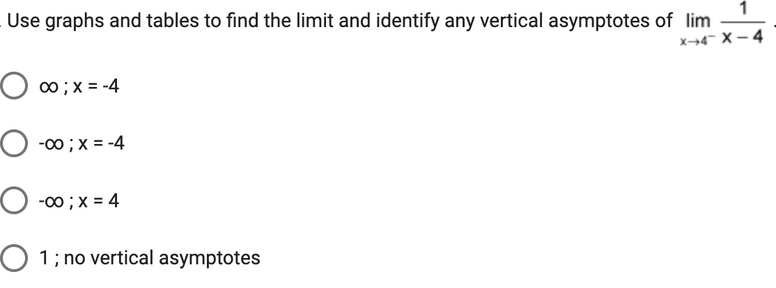 Use Graphs And Tables To Find The Limit And Identify Any Vertical Asymptotes Of X 4 Lim X 41 X 4 X 4 X 4 1 1