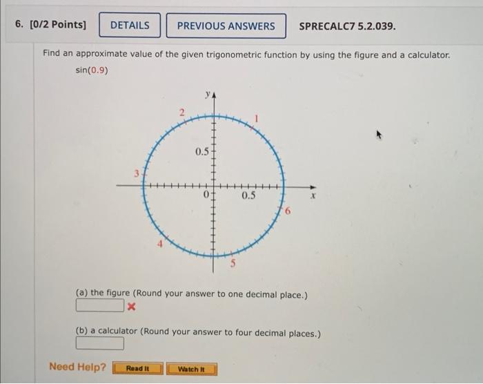 Find An Approximate Value Of The Given Trigonometric Function By Using The Figure And A Calculator Sin 0 9 A The Fig 1