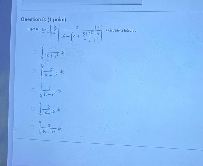 Use The Definition Of The Definite Integral To Evaluate 04 2x X2 Dx 10 5 10 5 516 7 5 5 5 7 5 316 Question 10 3