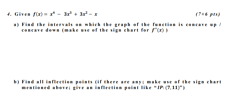 4 Given F X X4 3x3 3x2 X 7 6 Pts A Find The Intervals On Which The Graph Of The Function Is Concave Up Concave D 1