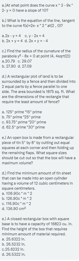 A At What Point Does The Curve X 3 9x 2 Y 0 Have A Slope Of 10 B What Is The Equation Of The Line Tangent To The 1