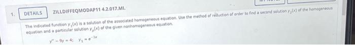 Zilldiffeqmodap11 4 2 017 M1 Equation And A Particular Solution Yp X Of The Given Nonhomespeneows Equatisn Y 9y 4 1