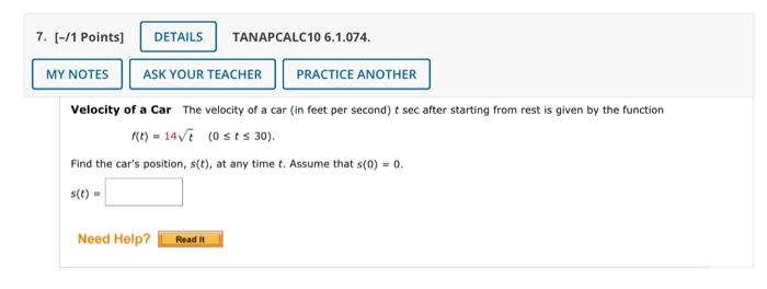 Velocity Of A Car The Velocity Of A Car In Feet Per Second T Sec After Starting From Rest Is Given By The Function F T 1
