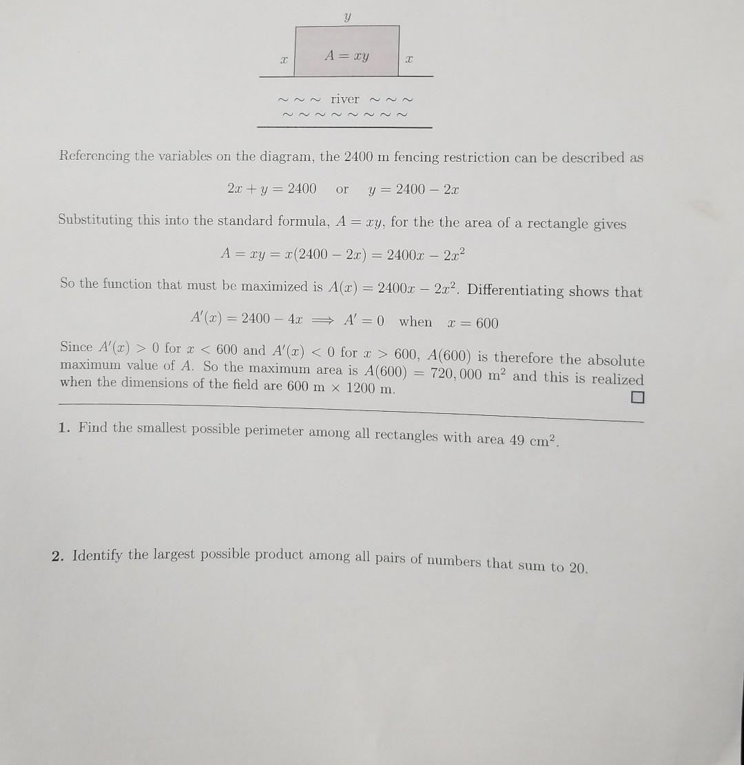 Referencing The Variables On The Diagram The 2400 M Fencing Restriction Can Be Described As 2x Y 2400 Or Y 2400 2x Subs 1