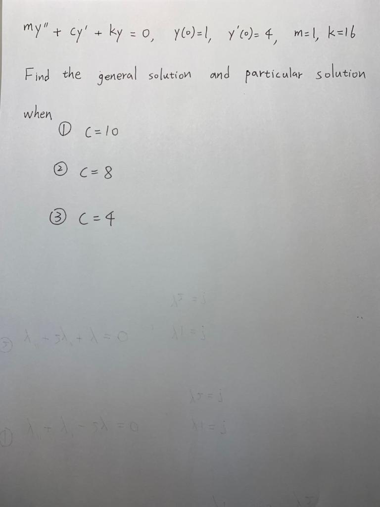 My Cy Ky 0 Y 0 1 Y 0 4 M 1 K 16 Find The General Solution And Particular Solution When 1 C 10 2 C 8 3 C 4 1