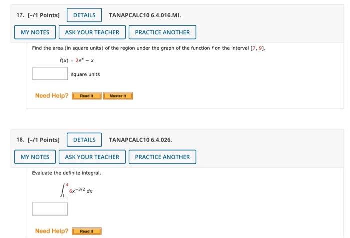 1 Points Tanapcalc10 6 4 016 Mi Find The Area In Square Units Of The Region Under The Graph Of The Function F On 1