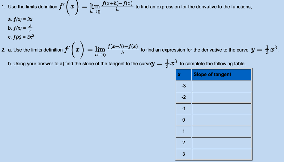 1 Use The Limits Definition F X H 0lim Hf X H F X To Find An Expression For The Derivative To The Functions A F 1