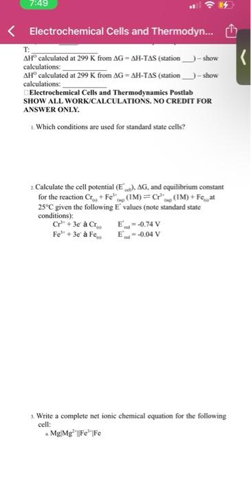 7 49 Electrochemical Cells And Thermodyn T Ah Calculated At 299 K From Ag Ah Tas Station Show Calculations A 1
