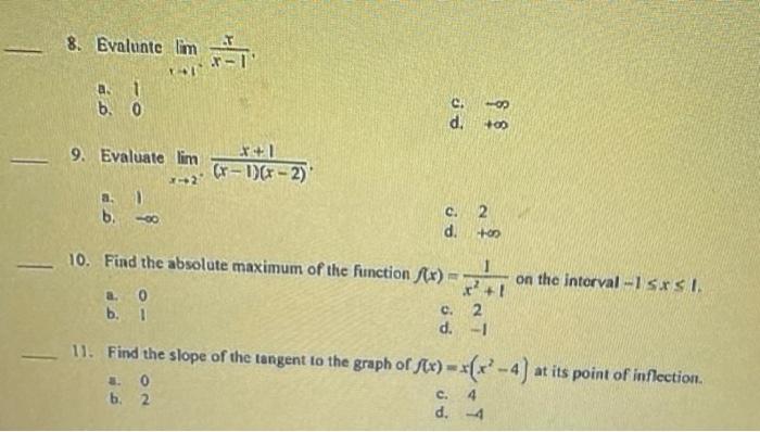 8 Evalunte X 1lim X 1x A 1 B 0 C D 9 Evaluate X 2 Lim X 1 X 2 X 1 A 1 B C 2 D 10 Find The A 1