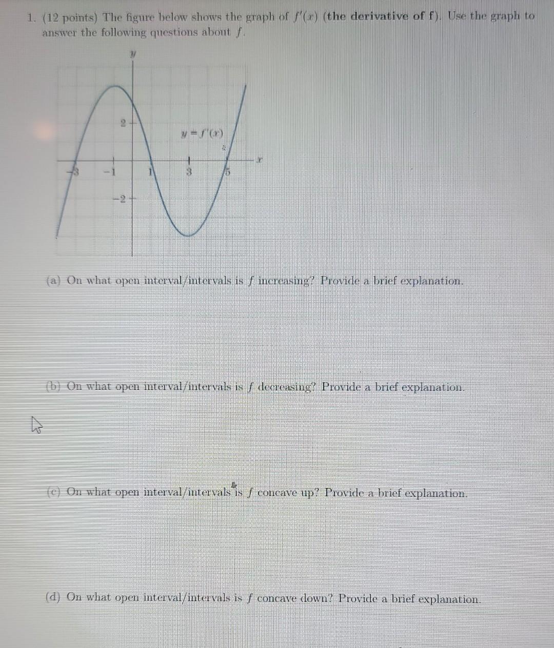 1 12 Points The Figme Below Shows The Graph Of F X The Derivative Of F Lse The Graph To Answer The Following Que 1