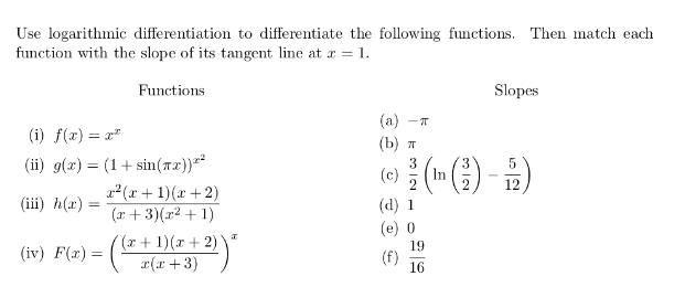 Use Logarithmic Differentiation To Differentiate The Following Functions Then Match Each Function With The Slope Of Its 1