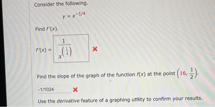 Consider The Following Y X 1 4 Find F X F X X 41 1 Find The Slope Of The Graph Of The Function F X At The Poin 1