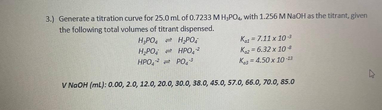 3 Generate A Titration Curve For 25 0 Ml Of 0 7233 M H3po4 With 1 256 M Naoh As The Titrant Given The Following Tota 1