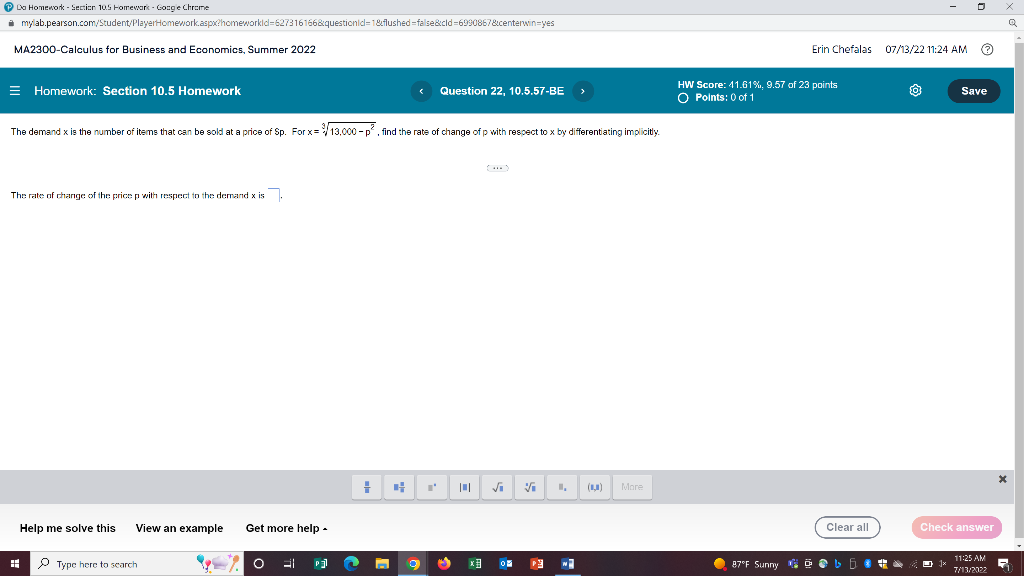The Demand X Is The Number Of Items That Can Be Sold At A Price Of Sp For X 313 000 P2 Find The Rate Of Change Of P W 1