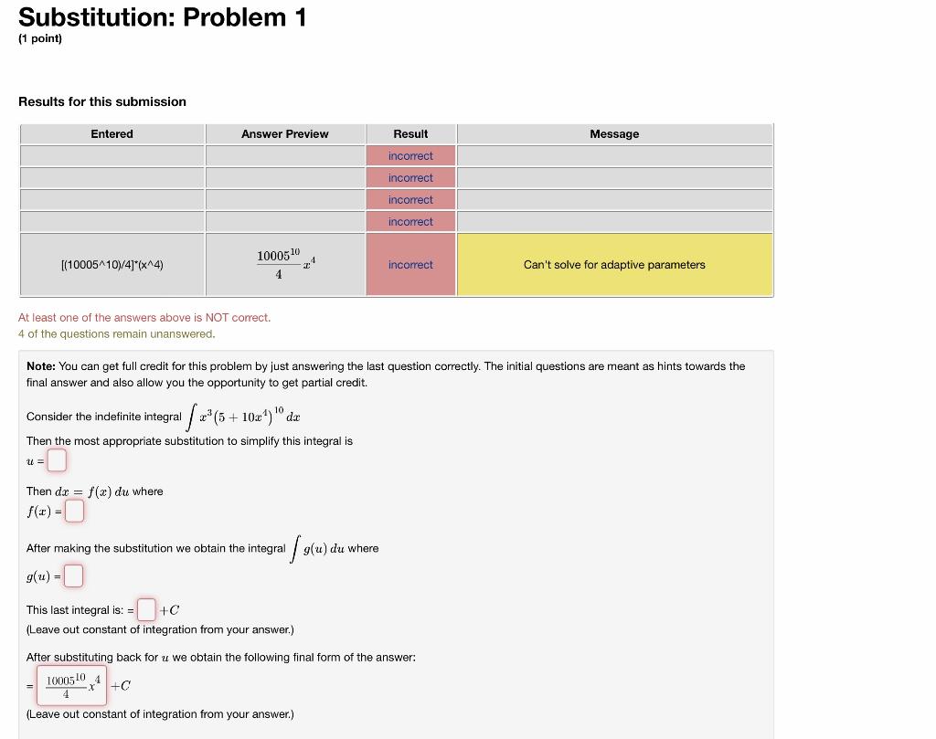 Substitution Problem 1 1 Point Results For This Submission At Least One Of The Answers Above Is Not Correct 4 Of The 1