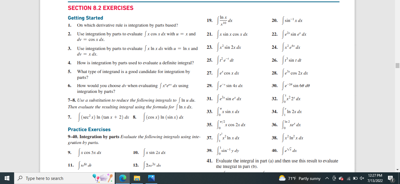Evaluate The Following Integrals Using Integration By Parts Q 21 And 25 And 27 1