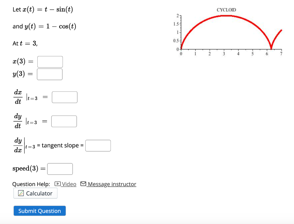 Let X T T Sin T And Y T 1 Cos T At T 3 X 3 Y 3 Dtdx T 3 Dtdy T 3 Dxdy T 3 Tangent Slope Speed 1
