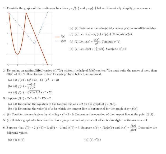 1 Consider The Graphs Of The Continuous Functions Y F X And Y G X Below Numerically Simplify Your Answers A 2 D 1
