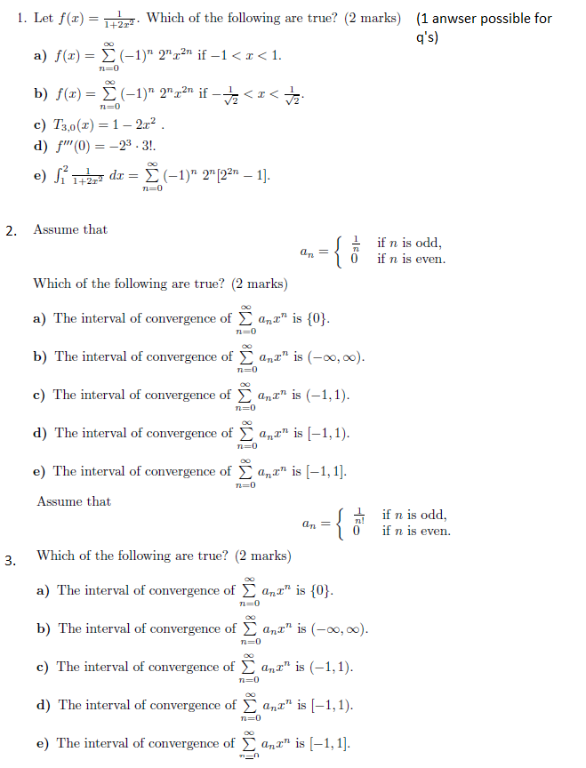 1 Let F X 1 2x21 Which Of The Following Are True 2 Marks 1 Anwser Possible For A F X N 0 1 N2nx2n If 1 X 1