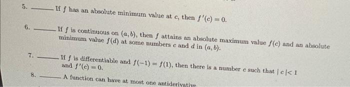 5 If F Has An Absolute Minimum Value At C Then F C 0 6 If F Is Continuous On A B Then F Attains An Absolute Max 1
