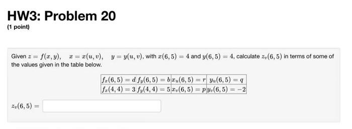 Given Z F X Y X X U V Y Y U V With X 6 5 4 And Y 6 5 4 Calculate Zv 6 5 In Terms Of Some Of The Values Given In 1