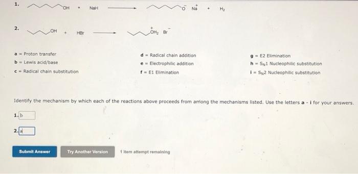 1 Oh Nah He 2 Hb A Proton Transfer B Lewis Acid Base C Radical Chain Substitution D Radical Chain Addition E E 1