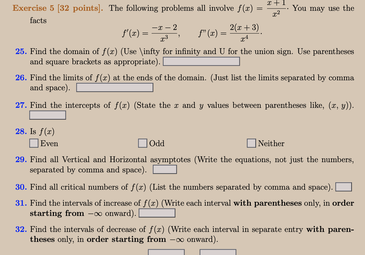 Exercise 5 32 Points The Following Problems All Involve F X X2x 1 You May Use The Facts F X X3 X 2 F X X42 X 1