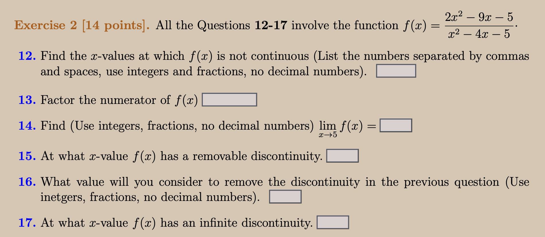 Exercise 2 14 Points All The Questions 12 17 Involve The Function F X X2 4x 52x2 9x 5 12 Find The X Values At Whi 1