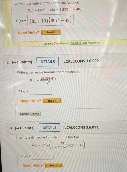 Write A Derivative Formula For The Function F X 4x2 19x 2 33x3 48 F X Viewing Saved Work Revert To Last Response 1
